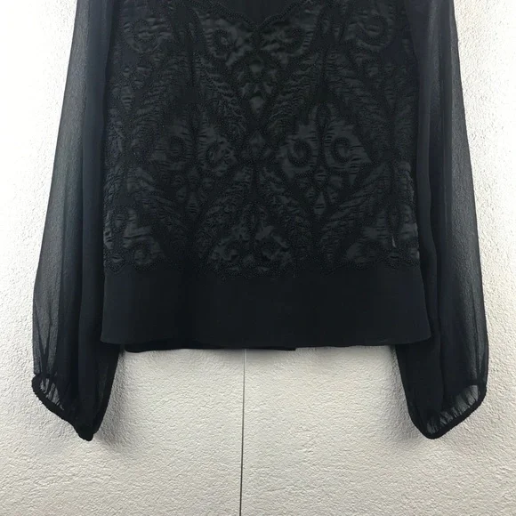Yoana Baraschi l S Black Long Sheer Silk Chiffon Sleeves Quilted Beaded Blouse